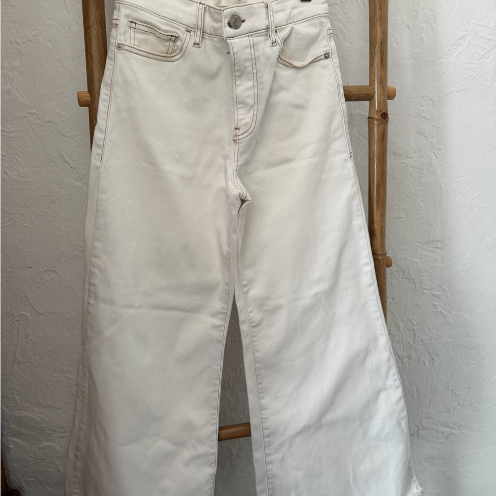 Frame Denim Ivory Le Palazzo Crop Raw Hem Wide Leg Jeans